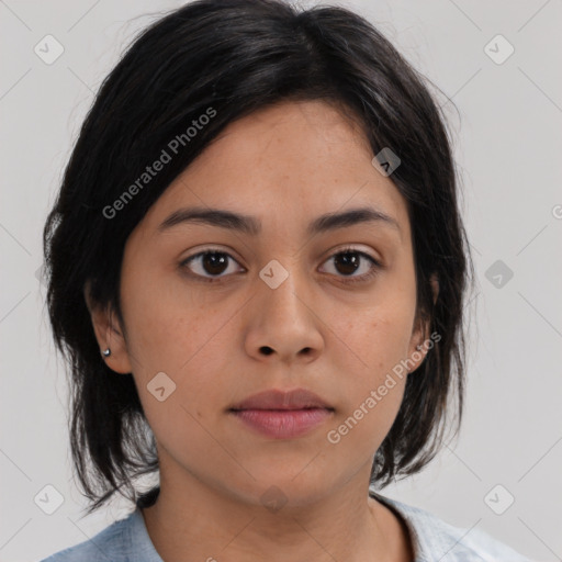 Neutral asian young-adult female with medium  brown hair and brown eyes