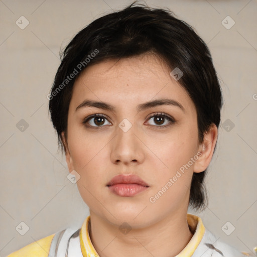 Neutral white young-adult female with medium  brown hair and brown eyes