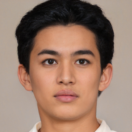 Neutral latino young-adult male with short  black hair and brown eyes