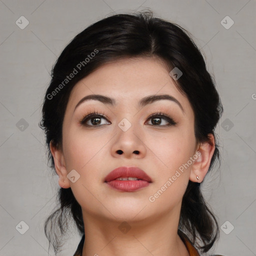 Neutral asian young-adult female with medium  brown hair and brown eyes