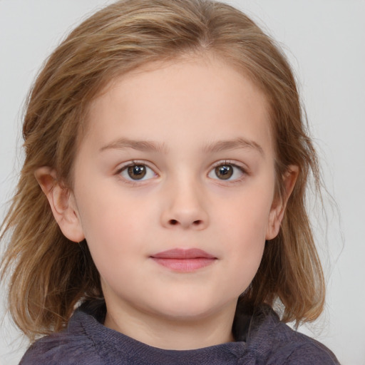 Neutral white child female with medium  brown hair and blue eyes