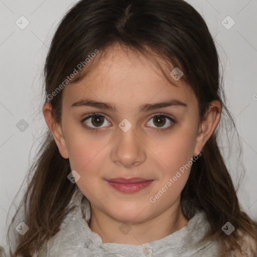 Joyful white child female with medium  brown hair and brown eyes