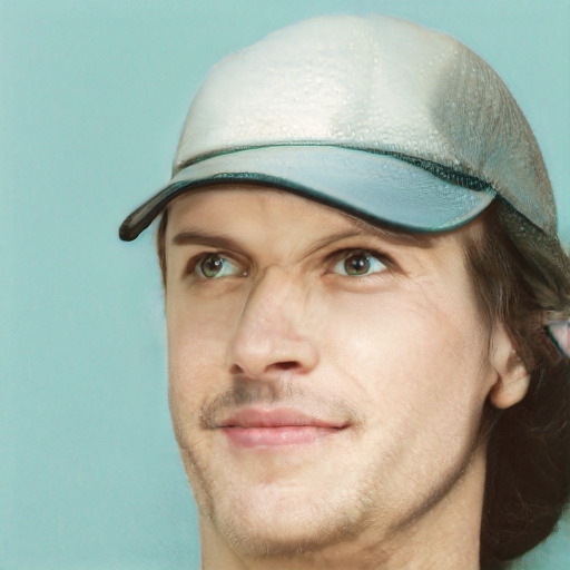 Joyful white adult male with short  brown hair and green eyes