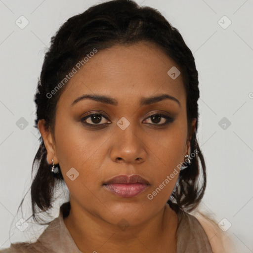 Neutral black young-adult female with long  brown hair and brown eyes