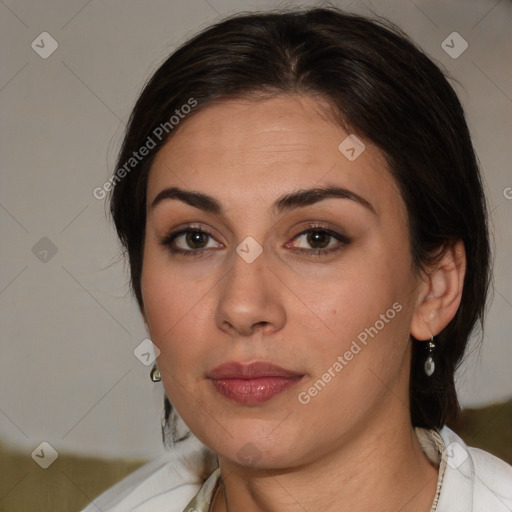 Neutral white young-adult female with medium  brown hair and brown eyes