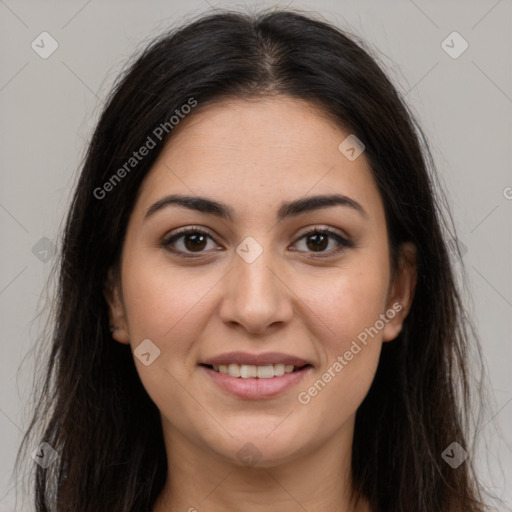 Joyful white young-adult female with long  brown hair and brown eyes