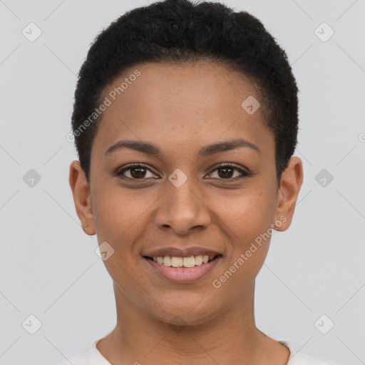 Joyful latino young-adult female with short  black hair and brown eyes