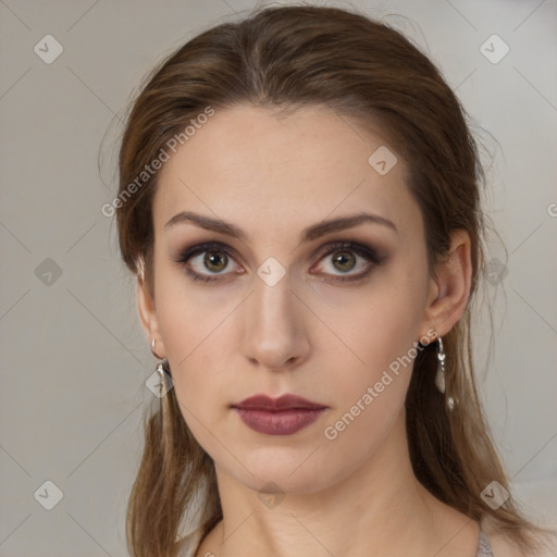 Neutral white young-adult female with medium  brown hair and brown eyes