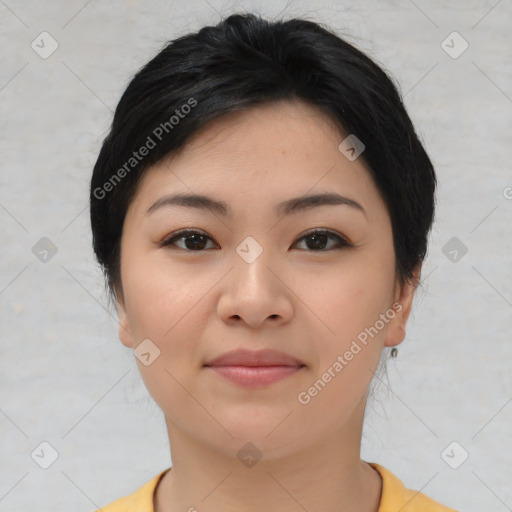 Neutral asian young-adult female with medium  brown hair and brown eyes