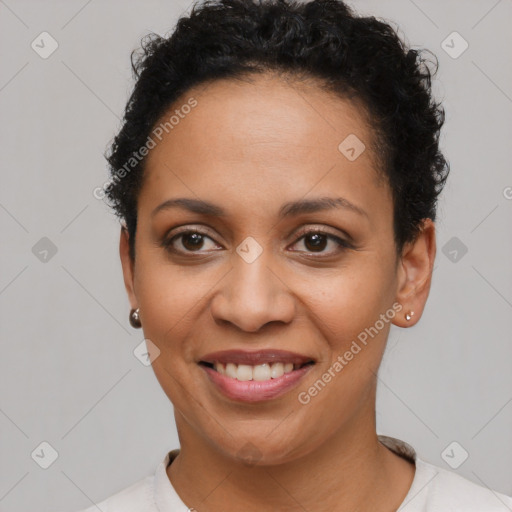 Joyful latino young-adult female with short  brown hair and brown eyes