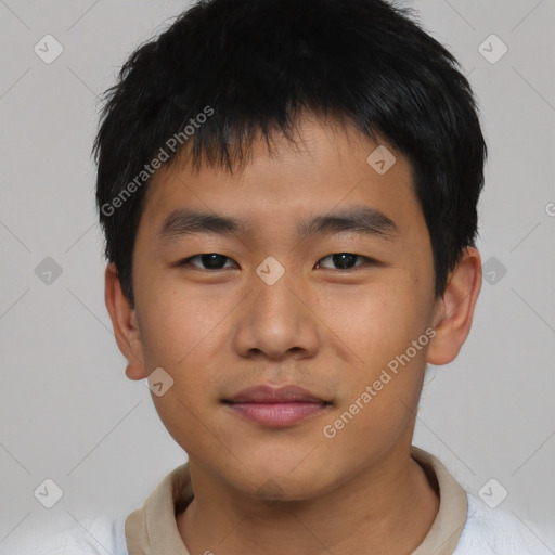 Neutral asian young-adult male with short  black hair and brown eyes