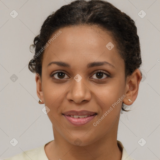 Joyful latino young-adult female with short  brown hair and brown eyes