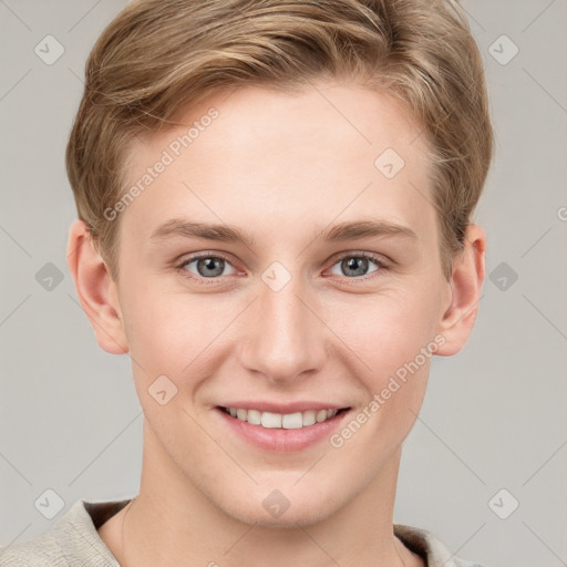 Joyful white young-adult female with short  brown hair and grey eyes