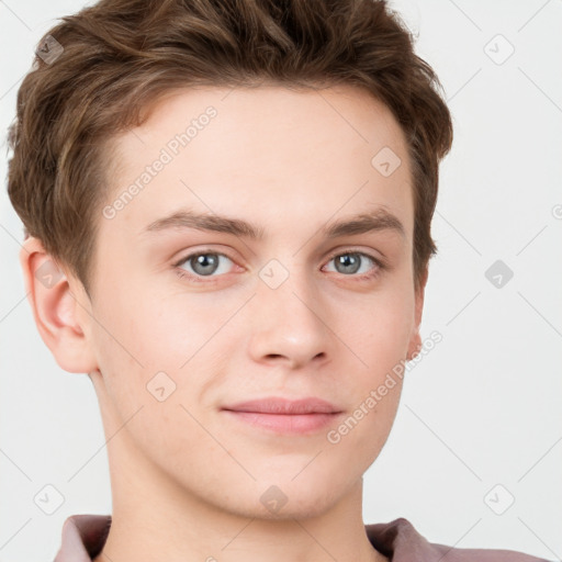 Neutral white young-adult male with short  brown hair and grey eyes