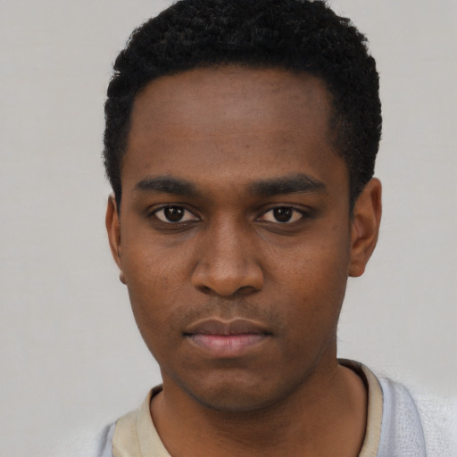 Neutral black young-adult male with short  black hair and brown eyes