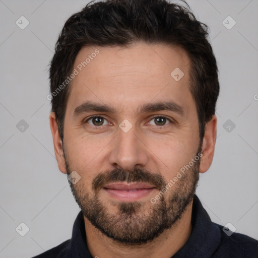 Neutral white young-adult male with short  brown hair and brown eyes