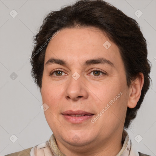 Joyful white adult female with short  brown hair and brown eyes