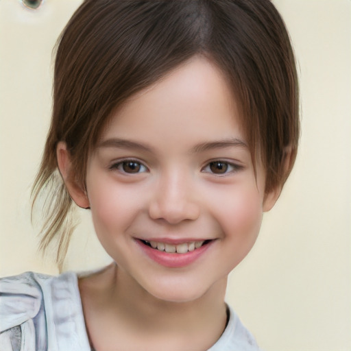 Joyful white child female with short  brown hair and brown eyes