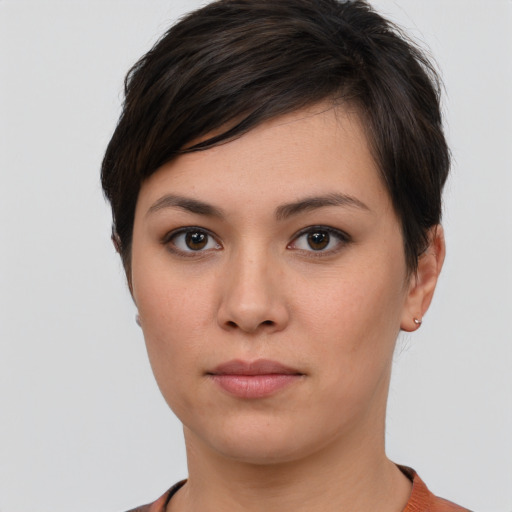 Neutral white young-adult female with short  brown hair and brown eyes