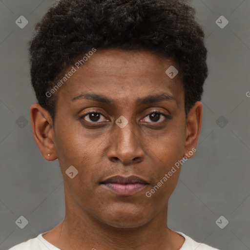 Neutral black young-adult male with short  brown hair and brown eyes