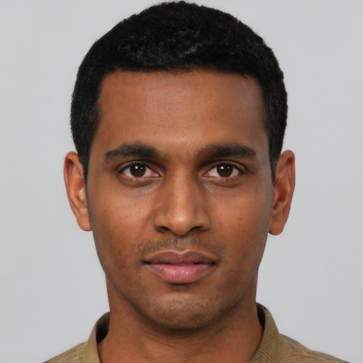 Neutral black young-adult male with short  black hair and brown eyes