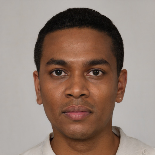 Neutral black young-adult male with short  black hair and brown eyes