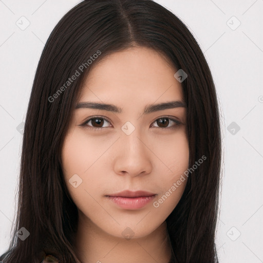 Neutral asian young-adult female with long  brown hair and brown eyes