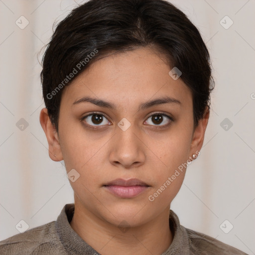 Neutral white young-adult female with short  brown hair and brown eyes