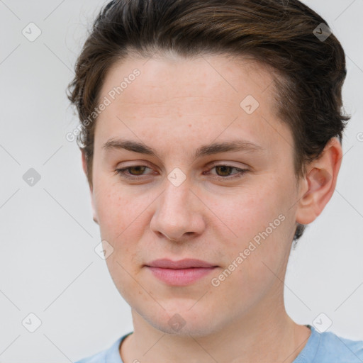 Joyful white young-adult female with short  brown hair and grey eyes