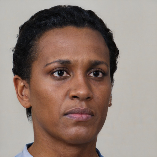 Neutral black young-adult female with short  brown hair and brown eyes