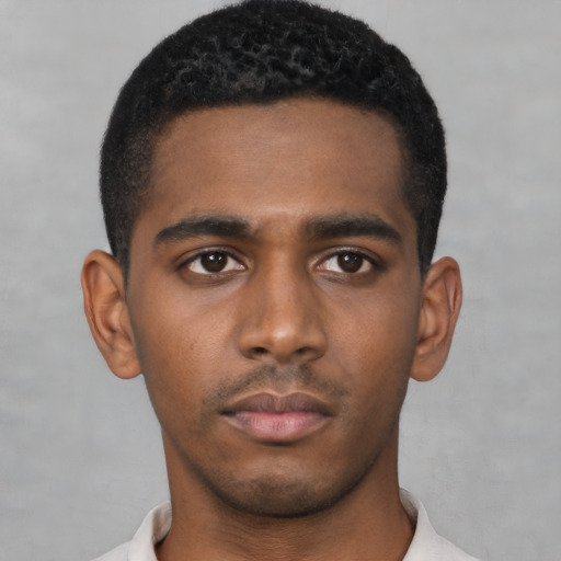 Neutral black young-adult male with short  black hair and brown eyes