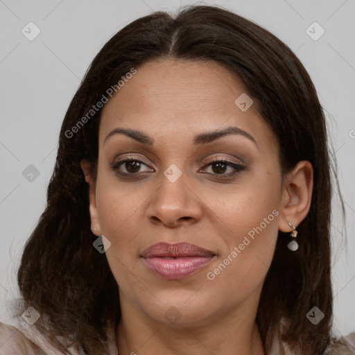 Joyful white young-adult female with long  brown hair and brown eyes