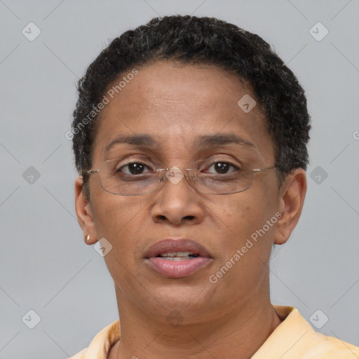 Neutral black adult female with short  brown hair and brown eyes