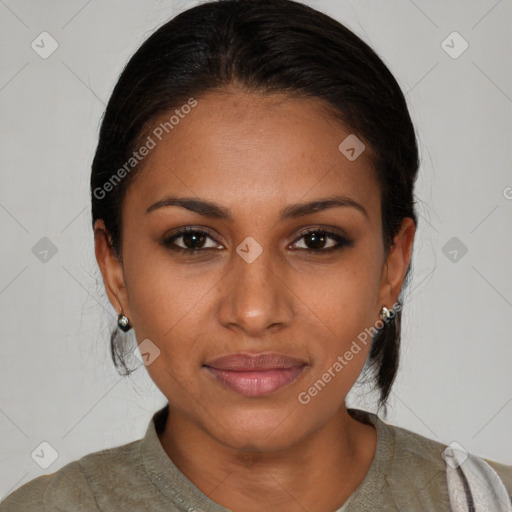 Joyful asian young-adult female with medium  brown hair and brown eyes