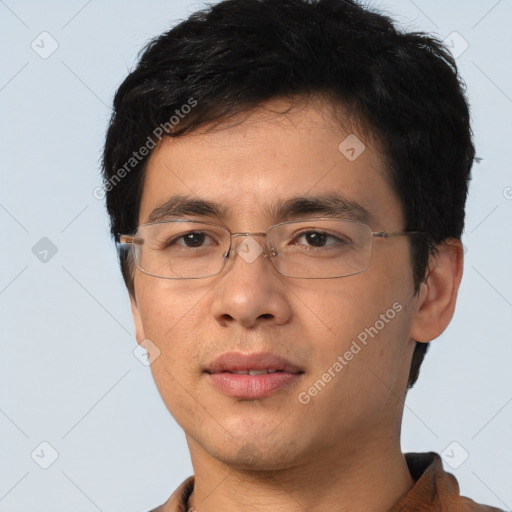 Neutral asian young-adult male with short  black hair and brown eyes