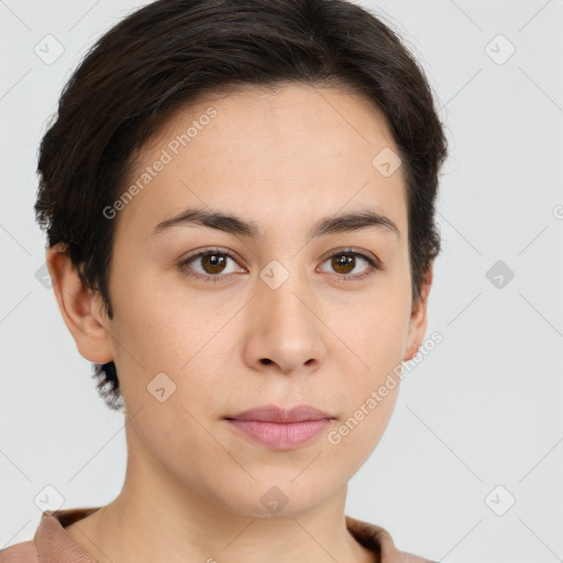 Neutral white young-adult female with short  brown hair and brown eyes