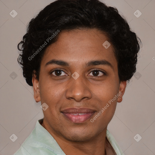 Joyful latino young-adult female with short  black hair and brown eyes