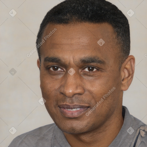Joyful latino adult male with short  black hair and brown eyes
