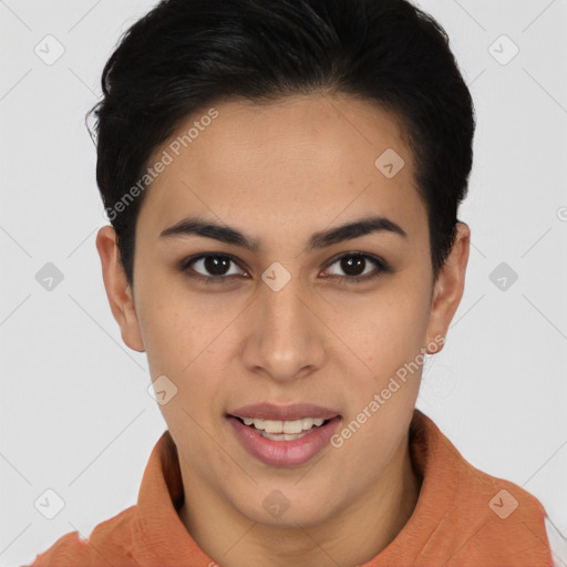 Joyful latino young-adult female with short  brown hair and brown eyes