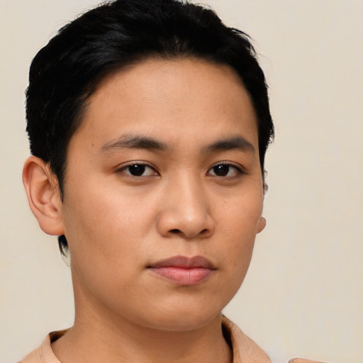 Neutral asian young-adult male with short  black hair and brown eyes