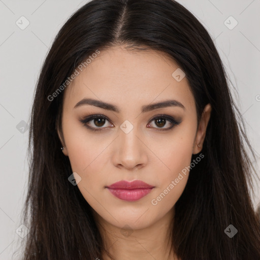 Neutral white young-adult female with long  brown hair and brown eyes