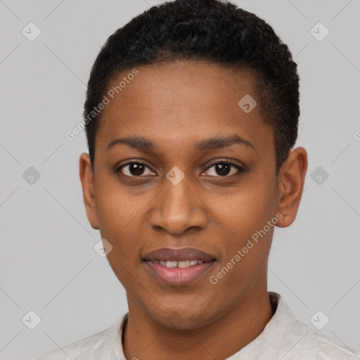 Joyful latino young-adult female with short  black hair and brown eyes