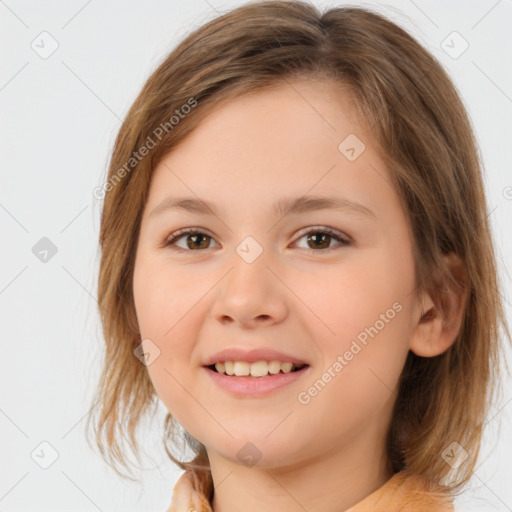 Joyful white child female with medium  brown hair and brown eyes