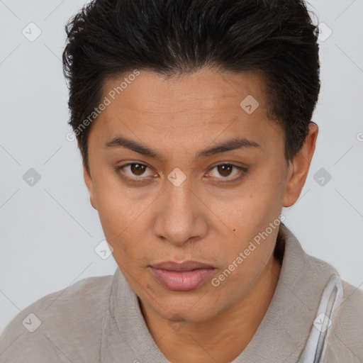 Neutral white young-adult female with short  brown hair and brown eyes