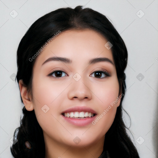 Joyful white young-adult female with long  black hair and brown eyes