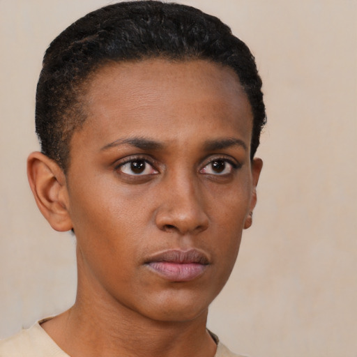 Neutral black young-adult female with short  black hair and brown eyes