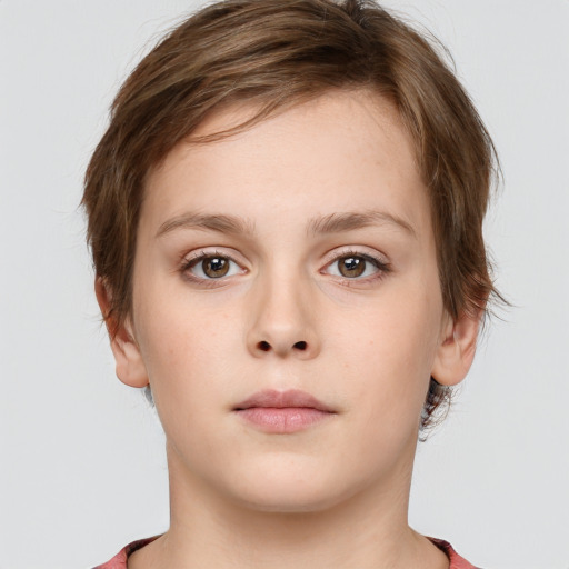 Neutral white young-adult female with short  brown hair and brown eyes