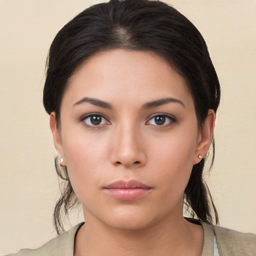 Neutral asian young-adult female with medium  brown hair and brown eyes