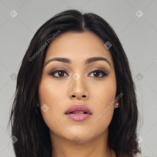 Neutral asian young-adult female with long  black hair and brown eyes