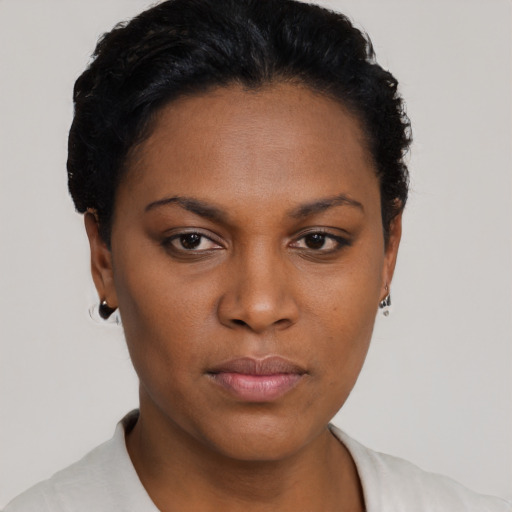 Neutral black young-adult female with short  black hair and brown eyes